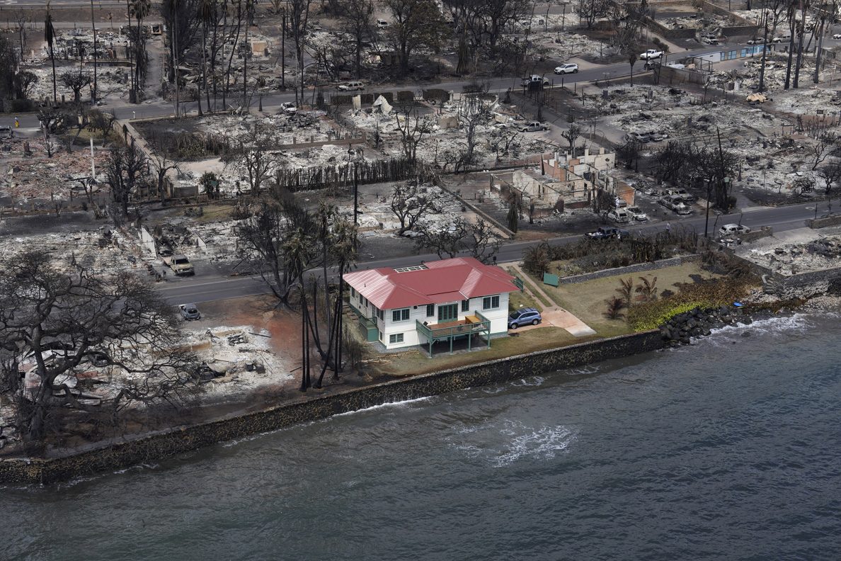 A building appears untouched by the wildfire which destroyed the historic town of Lahania Thursday, Aug. 10, 2023, on Maui. (Kevin Fujii/Civil Beat/2023)